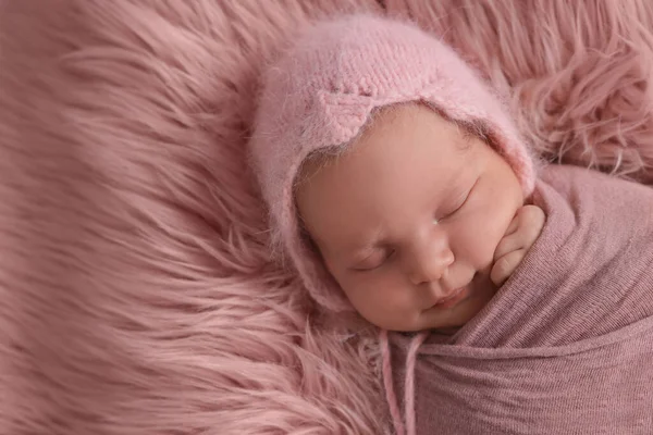 Adorable Newborn Baby Lying Faux Fur Top View Space Text — Stock Photo, Image