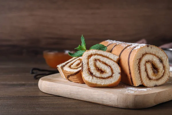 Tasty Cake Roll Jam Wooden Table Space Text — Stock Photo, Image