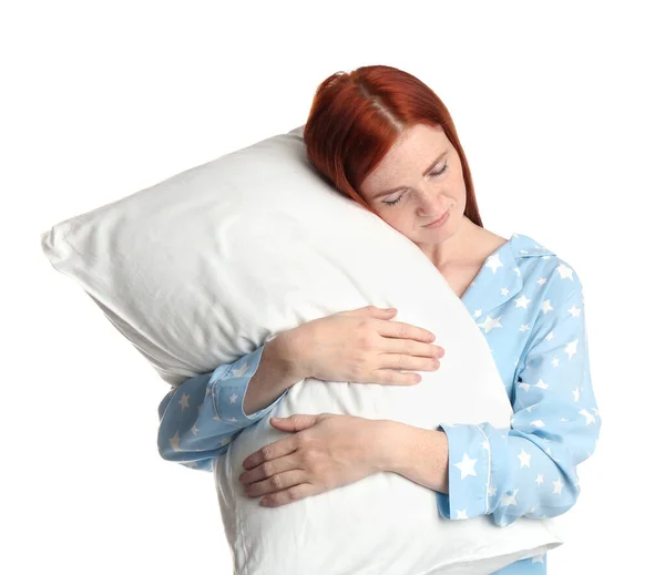 Young Woman Wearing Pajamas Pillow Sleepwalking State White Background — Stock Photo, Image