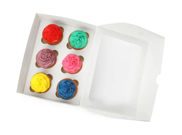 Caja Con Diferentes Cupcakes Sobre Fondo Blanco Vista Superior — Foto de Stock