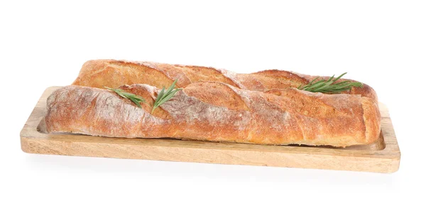 带有迷迭香白色背景的脆法式面包 新鲜面包 — 图库照片