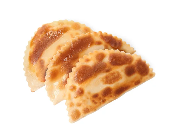 Utsökt Stekt Chebureki Isolerad Vit Ovanifrån Traditionella Bakverk — Stockfoto