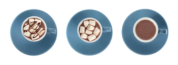 Комплект Чашками Вкусного Горячего Шоколада Белом Фоне Вид Сверху Баннерный — стоковое фото