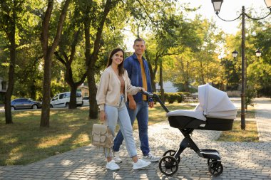 Mutlu ebeveynler güneşli bir günde bebekleriyle parkta yürüyorlar.