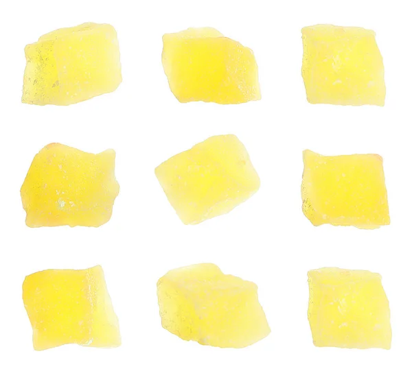 Conjunto Com Saborosos Pedaços Frutas Cristalizadas Fundo Branco — Fotografia de Stock