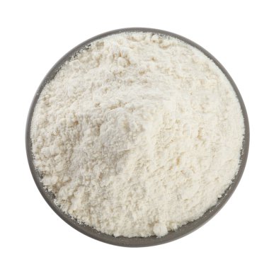 Beyaz üzerine un izole edilmiş seramik kase, üst manzara. Mutfak aletleri