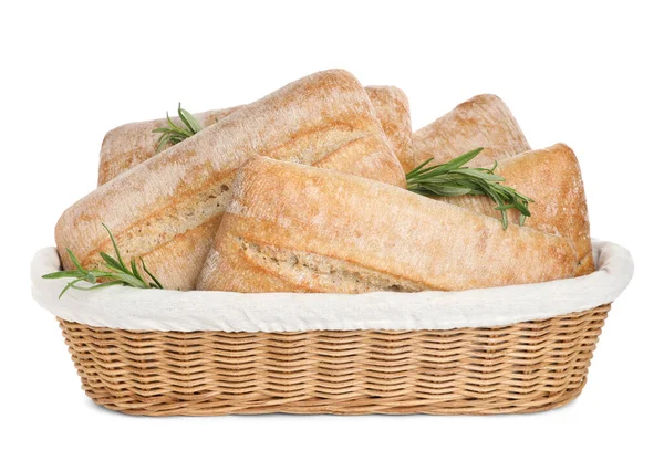 Knusprige Ciabattas Mit Rosmarin Weidenkorb Isoliert Auf Weiß Frisches Brot — Stockfoto