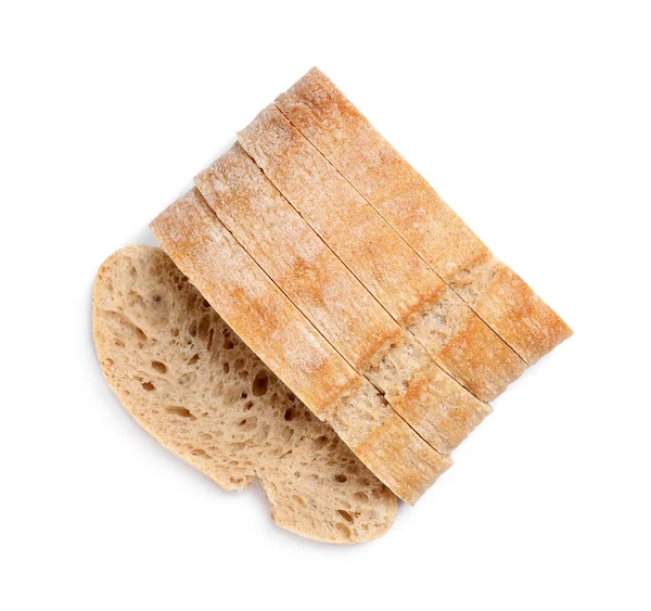 Ciabatta Auf Weißem Hintergrund Schneiden Draufsicht Leckeres Brot — Stockfoto
