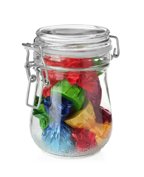 Glass Jar Candies Colorful Wrappers Isolated White — Stock Photo, Image