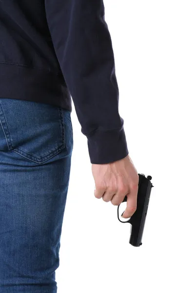 Чоловік Тримає Пістолет Білому Тлі Крупним Планом — стокове фото