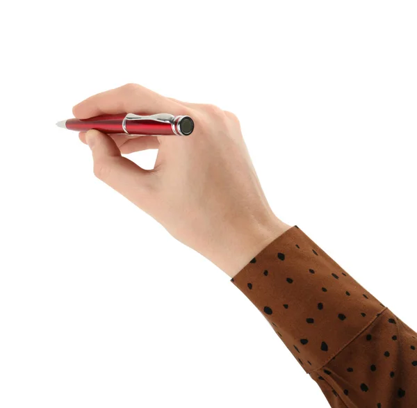 白い背景にペンを持っている女性 クローズアップ — ストック写真