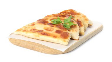 Lezzetli kızarmış chebureki ve maydanozlu pano.