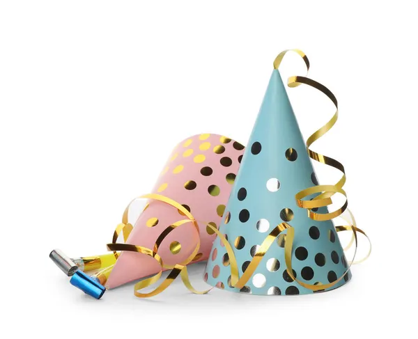 Kleurrijke Party Hoeden Blowers Confetti Streamers Witte Achtergrond — Stockfoto
