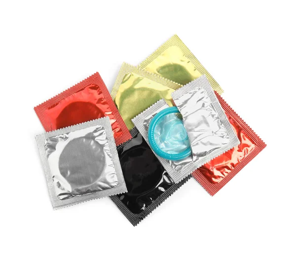 Paquetes Preservativos Sobre Fondo Blanco Vista Superior Sexo Seguro —  Fotos de Stock