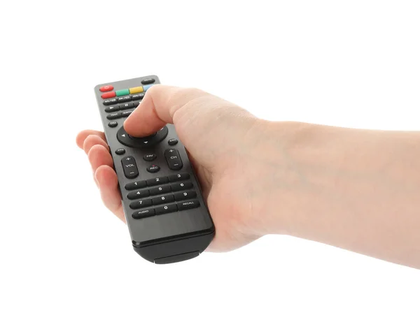 Woman Holding Remote Control White Background Closeup — Stock Photo, Image