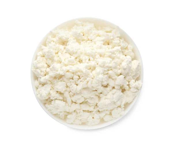 Delicious Fresh Cottage Cheese Bowl Isolated White Top View — Stock Photo, Image