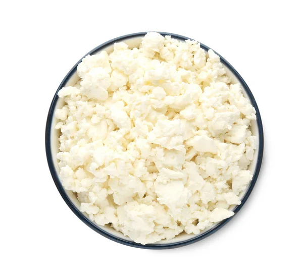 Delicious Fresh Cottage Cheese Bowl Isolated White Top View — Stock Photo, Image