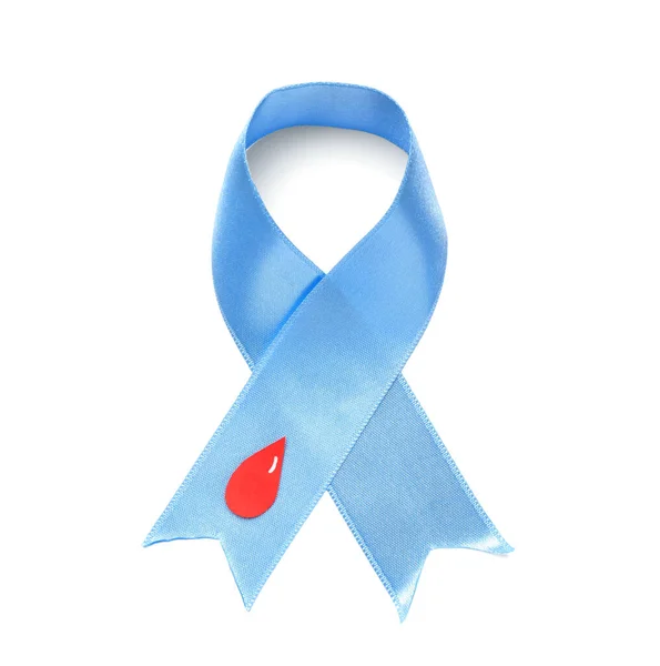 浅蓝色缎带 白底上有血滴 顶部可见 糖尿病意识 — 图库照片