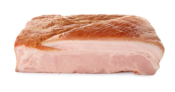 Pezzo Delizioso Bacon Affumicato Isolato Bianco — Foto Stock