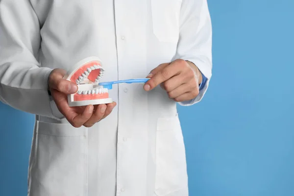 Dentista Com Modelo Mandíbulas Escova Dentes Fundo Azul Claro Close — Fotografia de Stock