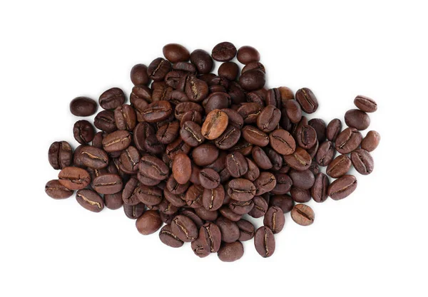 Högen Med Rostade Kaffebönor Vit Bakgrund Ovanifrån — Stockfoto