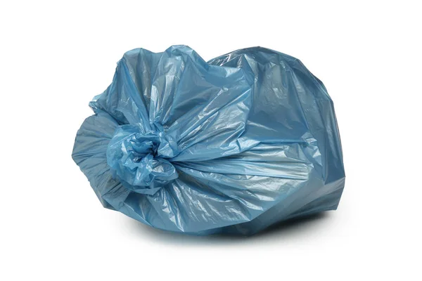Saco Lixo Azul Cheio Lixo Isolado Branco — Fotografia de Stock