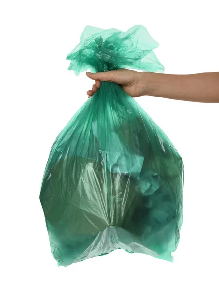 Mulher Segurando Saco Lixo Cheio Lixo Fundo Branco Close — Fotografia de Stock
