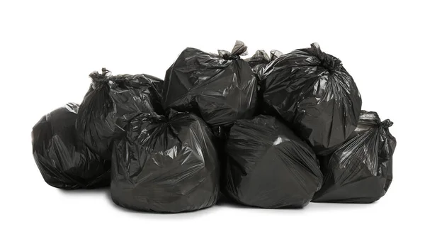 Schwarze Müllsäcke Gefüllt Mit Müll Auf Weißem Hintergrund — Stockfoto