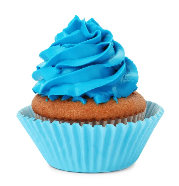 Вкусный Кекс Светло Голубым Кремом Изолирован Белом — стоковое фото