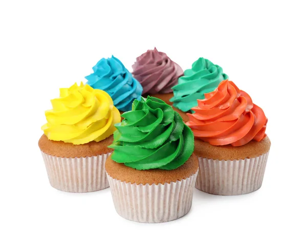 Diferentes Deliciosos Cupcakes Coloridos Fundo Branco — Fotografia de Stock