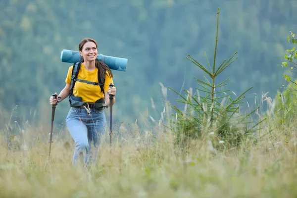 背着背包和远足杆子在山上远足的女人 案文的篇幅 — 图库照片