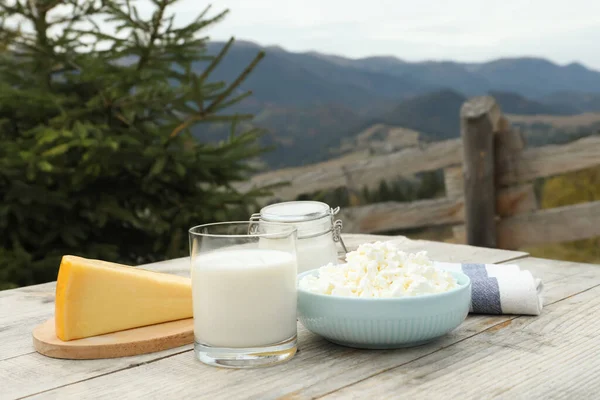 Tasty Cottage Cheese Other Fresh Dairy Products Wooden Table Mountains — Stock Photo, Image