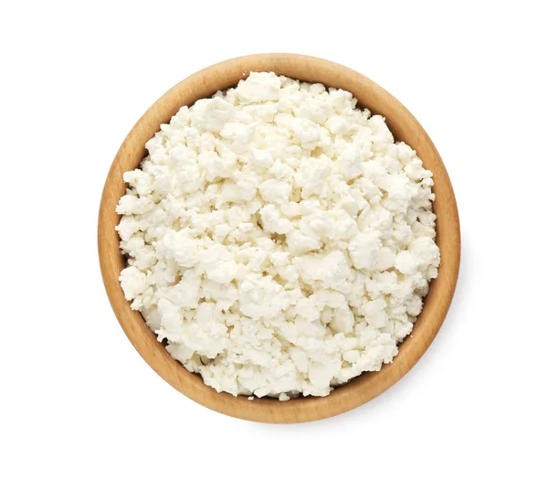 Delicious Fresh Cottage Cheese Bowl Isolated White Top View — Stock Photo, Image