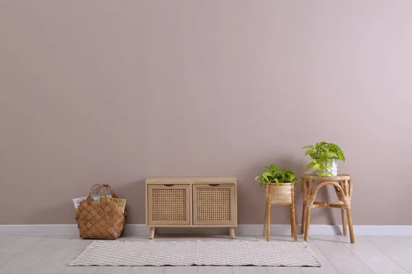 Interior Elegante Quarto Com Armário Madeira Belas Plantas Sala Perto — Fotografia de Stock