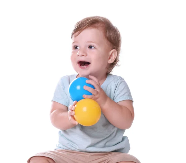Cute Little Boy Colorful Balls Isolated White — Stock Photo, Image