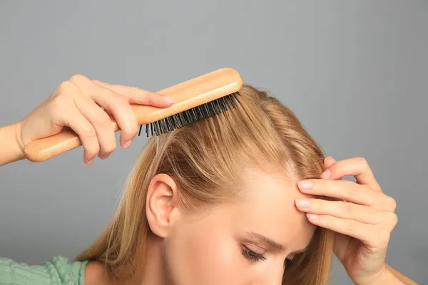 Woman Hair Loss Problem Grey Background Closeup Trichology Treatment — Stock Photo, Image