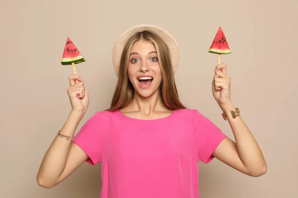 Beautiful Girl Pieces Watermelon Beige Background — Stock Photo, Image
