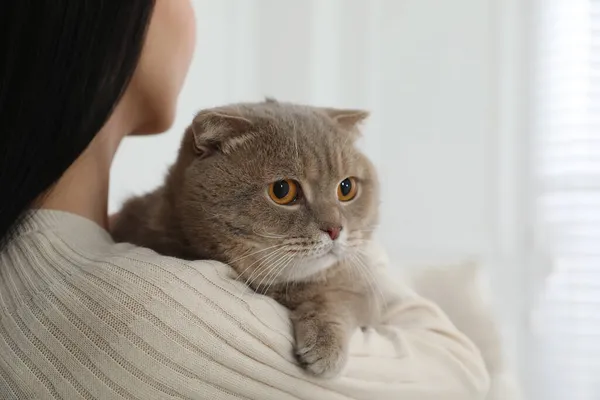 Vrouw Met Haar Schattige Kat Thuis Close — Stockfoto