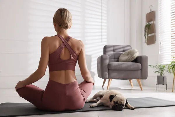 Vrouw Met Hond Die Thuis Yoga Beoefent Achteraanzicht — Stockfoto