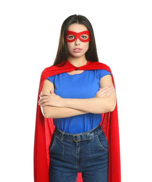 Уверенная Молодая Женщина Костюме Супергероя Маске Белом Фоне — стоковое фото
