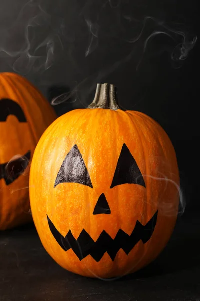 Pumpkins Drawn Spooky Faces Dark Background Halloween Celebration — Stock Photo, Image