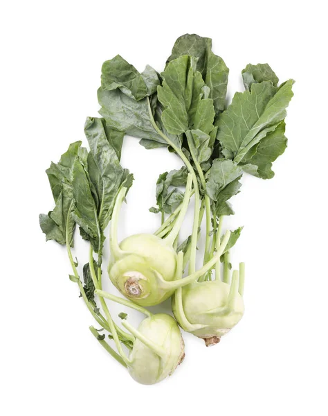 Whole Ripe Kohlrabies Leaves White Background Top View — Stock Photo, Image