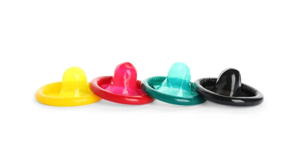 Desempaquetado Condones Colores Sobre Fondo Blanco Sexo Seguro —  Fotos de Stock