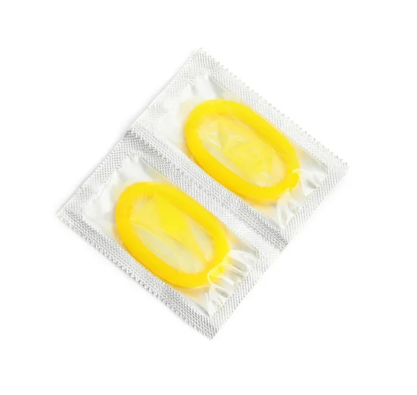 Kondompaket Vit Bakgrund Ovanifrån Säkert Sex — Stockfoto