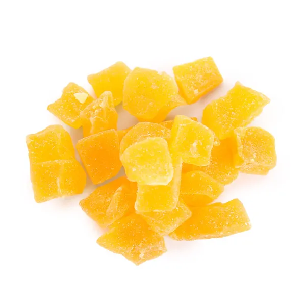 Delicious Πορτοκαλί Ζαχαρωμένα Κομμάτια Φρούτων Λευκό Φόντο Top View — Φωτογραφία Αρχείου