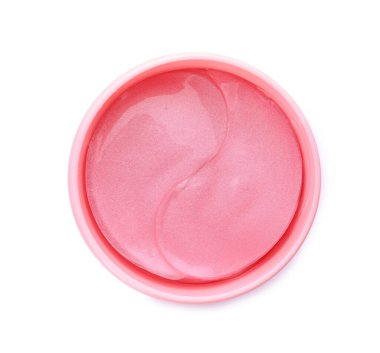 Kavanozun içindeki göz bantları beyaza izole edilmiş, üst manzara. Kozmetik ürünü