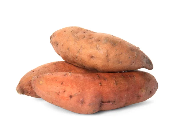 Heap Van Hele Rijpe Zoete Aardappelen Witte Achtergrond — Stockfoto