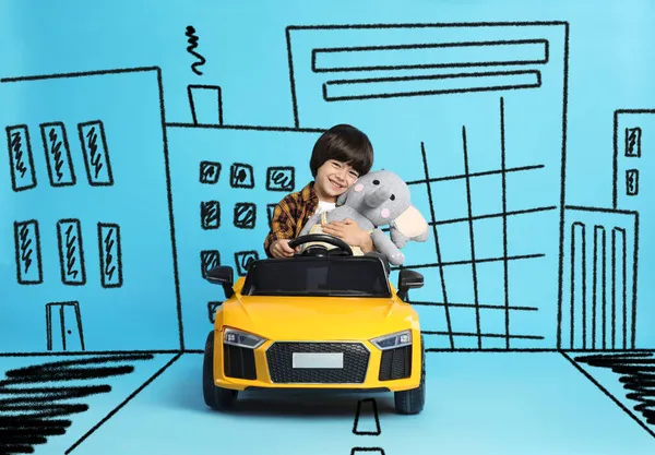 Cute Little Boy Toy Driving Car Drawing City Light Blue — Stock Photo, Image