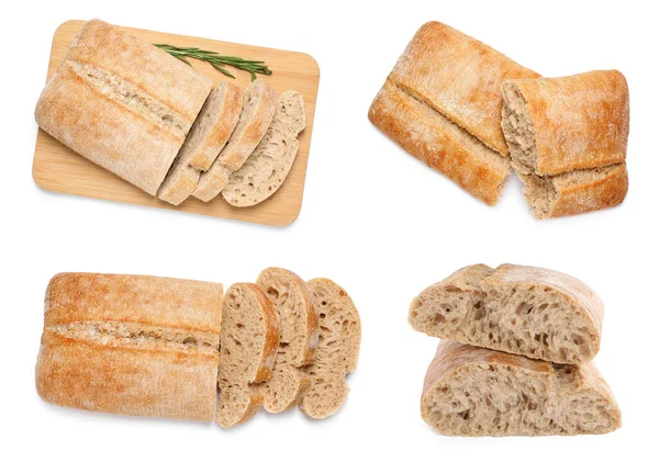 Set Met Verse Heerlijke Ciabatta Witte Achtergrond Bovenaanzicht — Stockfoto