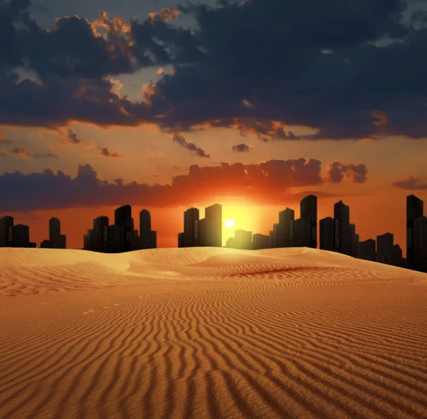 Sandy Desert Silhouette City Horizon Sunset — Stock Photo, Image